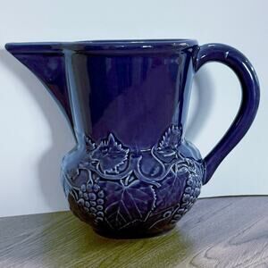 Vintage Bordallo Pinheiro Portugal Blue Pitcher w/Grape Vines Leaves, 7" Tall